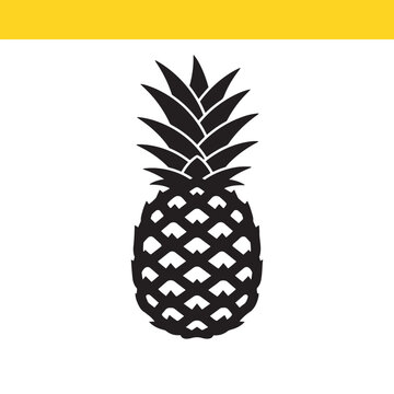 A simple black silhouette of a pineapple fruit icon isolated on a white background. A stylized vector graphic for tropical summer or food themes.