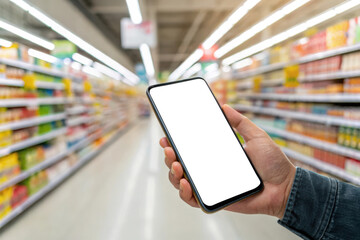 Person holding smartphone in supermarket aisle with blurred shelves