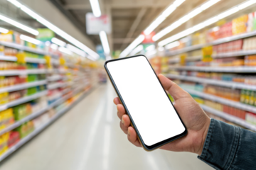 Person holding smartphone in supermarket aisle with blurred shelves