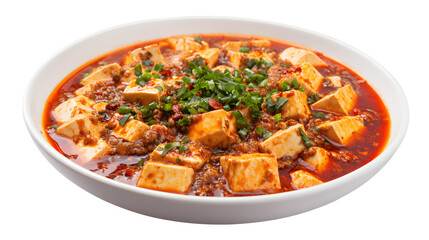Delicious Mapo Tofu Dish in a Bowl with Spicy Sauce and Garnish on a White Background