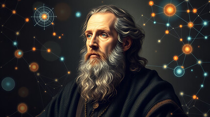 Renaissance portrait of a philosopher surrounded by floating AI algorithms and glowing neural networks