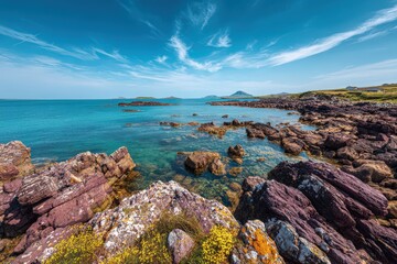 Colorful Rocky Coastline With Turquoise Water Under Sunny Sky