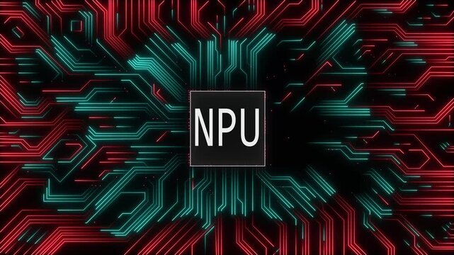 Networking chip icon futuristic neon circuit board NPU animated. on black background.  Motion graphic of digital NPU logo with futuristic technology.  on black background . 4k animation