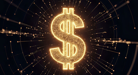 Glowing dollar sign surrounded by radiating lines and dots on a dark background in digital art