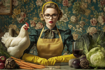 Vintage 1950s housewife, stern expression wearing yellow gingham apron and cat eye glasses in retro kitchen surrounded by fresh vegetables and white chicken. Dark satire.