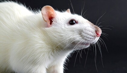 Close-up profile of a fluffy white rat against a black background