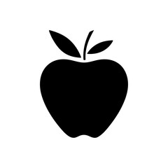 An apple with a leaf, a simple black silhouette isolated on a white background, graphic vector illustration, flat design. Delicious fresh fruit, icon, logo for decoration, design, cover, label