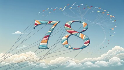 Colorful number 78 with water splashes and clouds isolated on white background