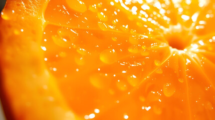 Close-up view of fresh orange slice with droplets glistening in warm sunlight at midday