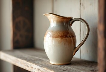 handmade ceramic pitcher with subtle glaze resting on rustic wooden shelf in soft light