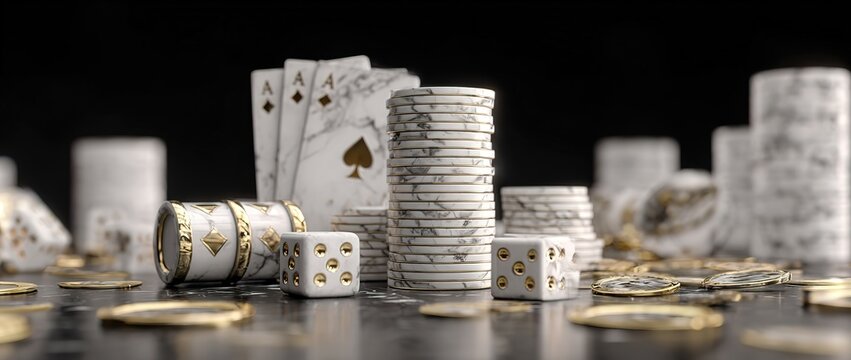 white marble casino elements with gold numbers and cards on a black background.