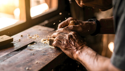 Man working with hands using tools in a close-up scene involving food craft and machinery