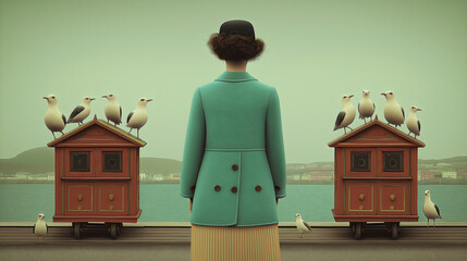 Woman in turquoise coat and bowler hat standing between two red wooden birdhouses with seagulls perched on top facing seaside resort, surreal vintage atmosphere.