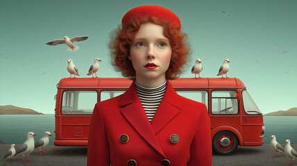 Woman with red curly hair and matching coat standing by vintage bus surrounded by seagulls at peaceful coastal location with turquoise sky creating dreamy retro travel aesthetic. 