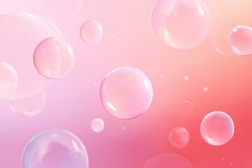 Pink and coral gradient background with floating translucent bubbles of varying sizes