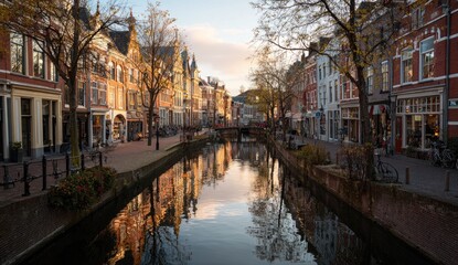 Obraz premium European canal town at autumn sunset
