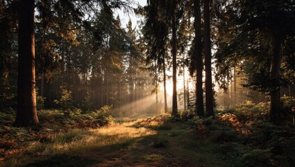 Obraz premium Sunlight streams through misty forest at dawn
