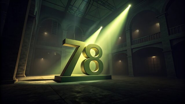 Golden number seventy eight illuminated by dramatic spotlight isolated on white background