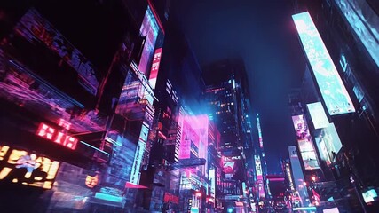 Cars speeding through cyberpunk city street at night with neon signs - Powered by Adobe