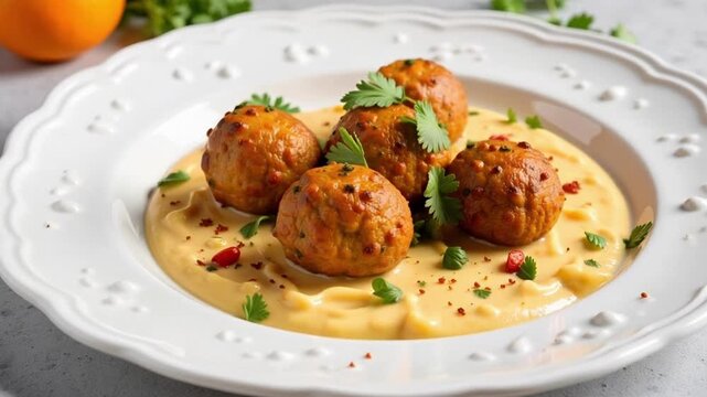 Delicious Malai Kofta dish served elegantly on a white ceramic plate, showcasing vibrant colors and textures, perfect for culinary content.