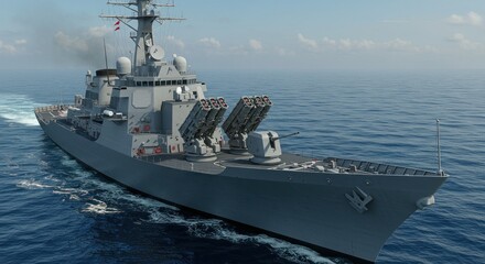 Modern Military Destroyer Afloat on Azure Ocean, Equipped with Advanced Missile Systems