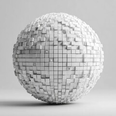 White sphere composed of numerous small, cubic blocks, slightly disarrayed, set against a plain background