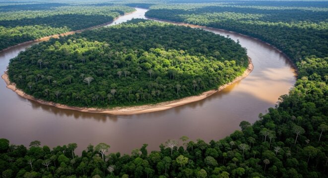 Amazon Rainforest River Bend Aerial View