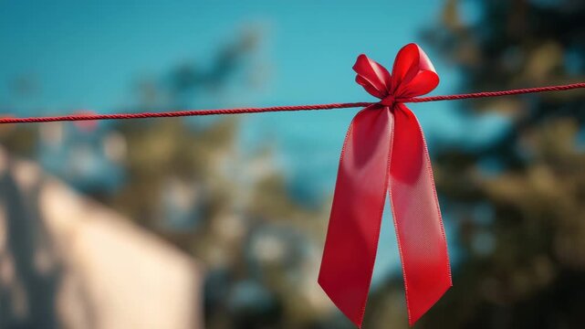 Red ribbon tied red string outdoors with bright blue sky and blurred background symbolizing awareness celebration decoration bow bright outdoor sky ribbon string bow awareness celebration bright