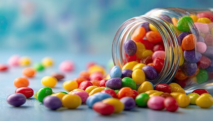 Colorful candy pebbles spilling from a glass jar onto a light blue surface