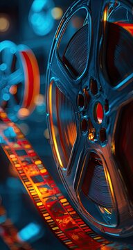 Close-up of vibrant movie film reels in motion.  Colorful film strip with sprocket holes visible.  Dynamic lighting