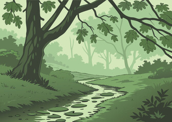 Lush Green Forest After Rain with Wet Leaves and Mist Rising from the Ground