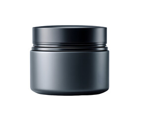 A sleek matte black cosmetic jar with a minimalist design, isolated on a white background. It has a modern, premium feel for luxury or men's grooming.