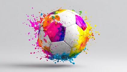 Colorful soccer ball with vibrant paint splatters