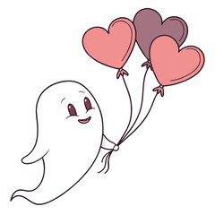 Cute cartoon ghost holding heart balloons isolated on white background