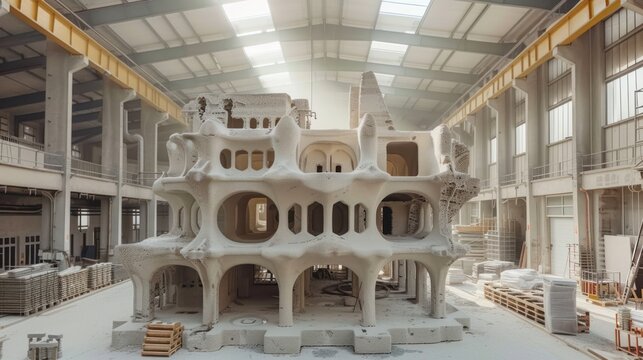 Architectural Marvel: 3D-Printed Building in Industrial Warehouse, Modern Design. - Powered by Adobe