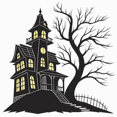 Spooky haunted house with bare tree isolated on white background