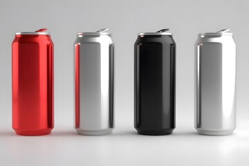 Four aluminum beverage cans in red silver and black on a white background
