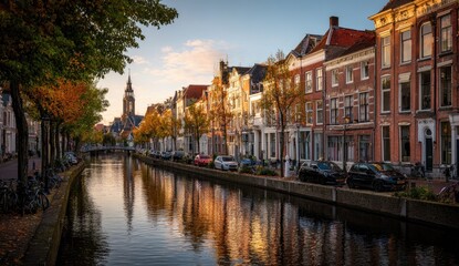 Naklejka premium Autumn canal scene, Dutch town