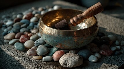 Golden Singing Bowl  Mallet on Pebbles Meditation  Mindfulness Concept.