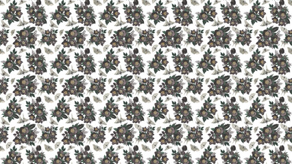 Seamless pattern of dark flowers and moths on a white background in a repeating arrangement