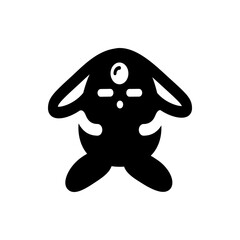 Illustration of a stylized black creature with large ears and a single eye on its forehead design element