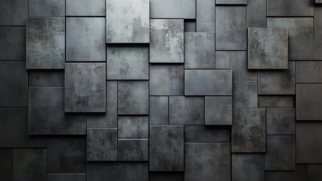 Dark metal tile wall texture featuring overlapping rectangular panels, creating industrial and modern abstract pattern with slightly weathered matte finish and geometric design elements