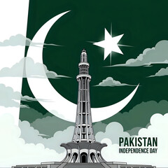 Illustration of minar e pakistan with crescent moon and star for pakistan independence day celebration