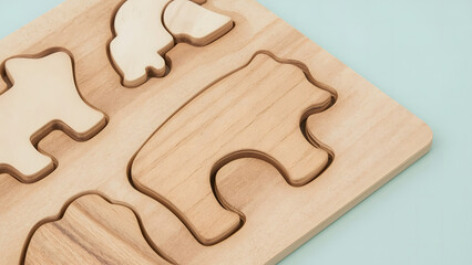 Wooden animal puzzle pieces nestled within a light-colored wooden board.