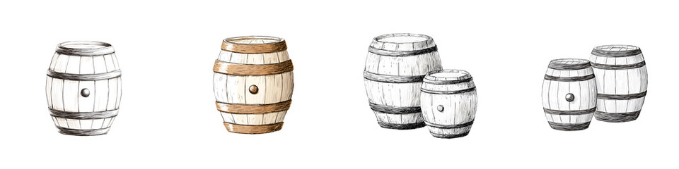Fototapeta premium Watercolor Wooden Barrels Collection, Isolated on White Background