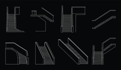 Collection of Various Staircase Designs and Escalator Types Illustrating Architectural Concepts