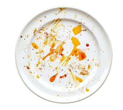 A finished plate displaying food scraps and remnants of a meal on a white ceramic dish transparent background
