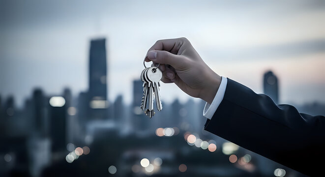 Hand holding keys with city skyline in the background showing real estate and new apartment purchase - Powered by Adobe