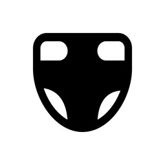 Black abstract alien face with rounded head and two white eyes and two curved shapes at the bottom edge