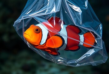 A clownfish trapped and suffocating under a plastic bag, waste, fish